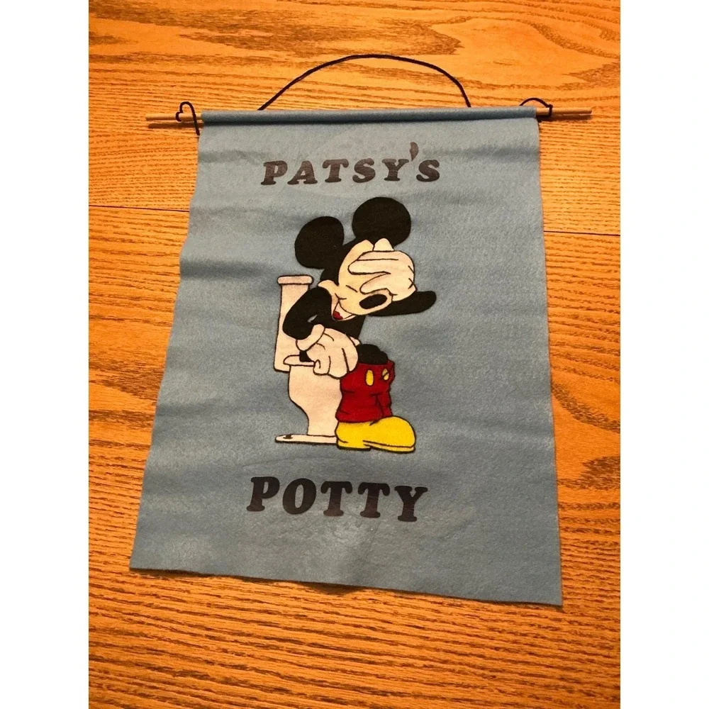 Vintage Mickey Mouse Patsys Potty Felt Wall Hanging Banner Blue Disney Decor